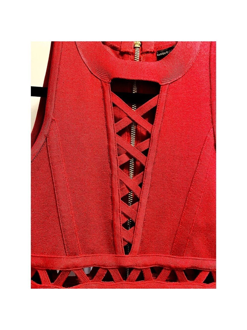 GUESS Red Lace-Up Corset Bodycon Mini Dress XS Gold Zip - Picture 5 of 8